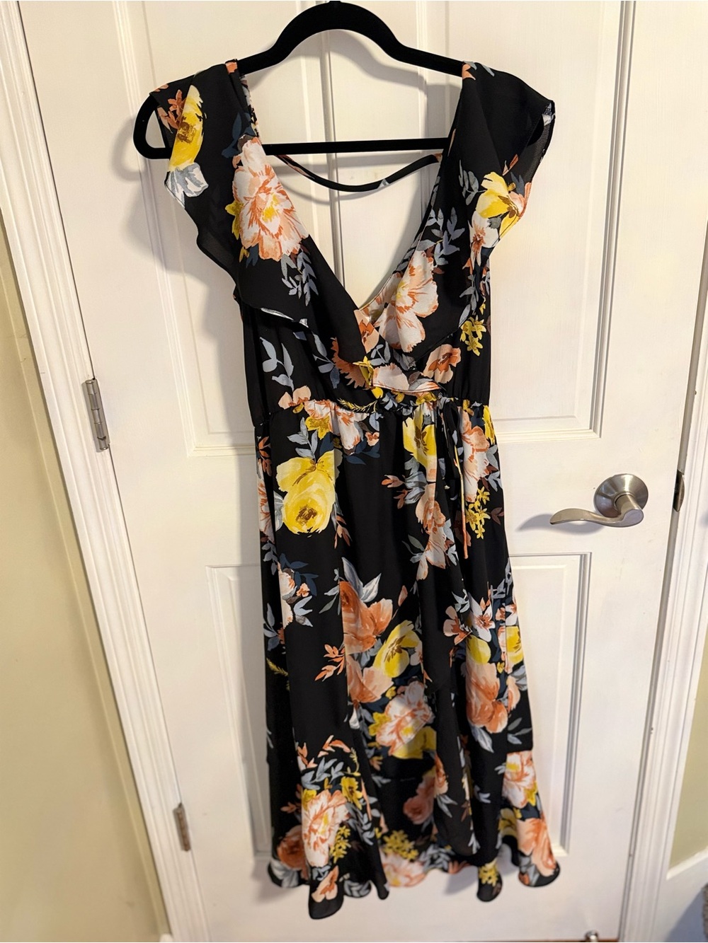 Socialite Black Floral Midi Dress with Yellow & Peach Blooms